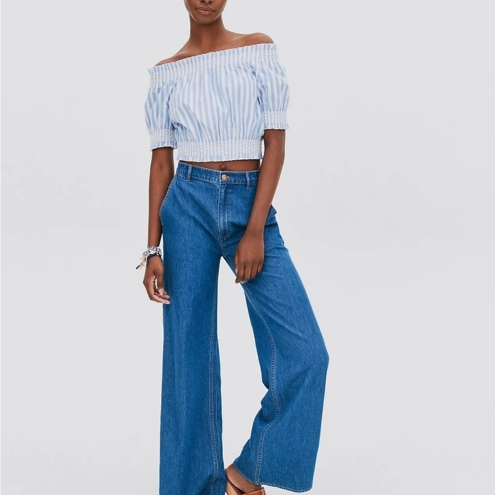 J. Crew | Puff Sleeve Smocked Top Blue and White Stripes Cropped Large - Picture 4 of 8